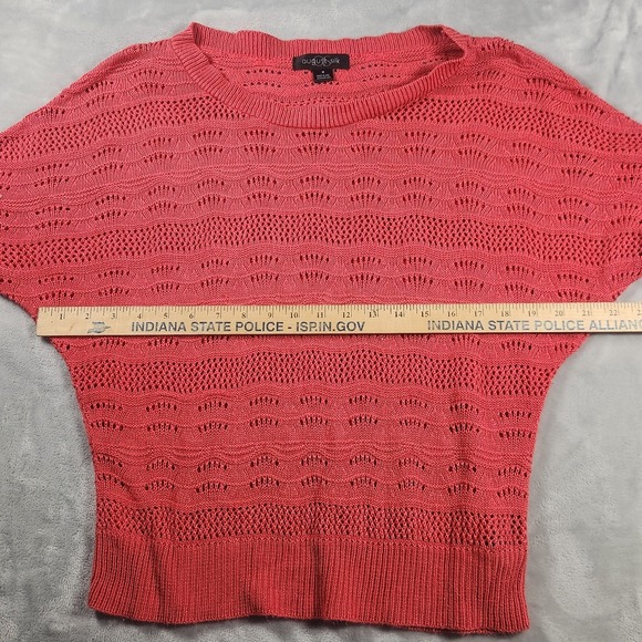 August Silk Classic Knit Top Women M Orange Short Sleeve Open Knit Designer - Picture 4 of 6